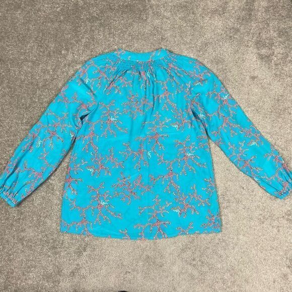Lilly Pulitzer Women’s Small Elsa Top Blouse 100% Silk Coral Me Crazy Turquoise - Picture 2 of 7